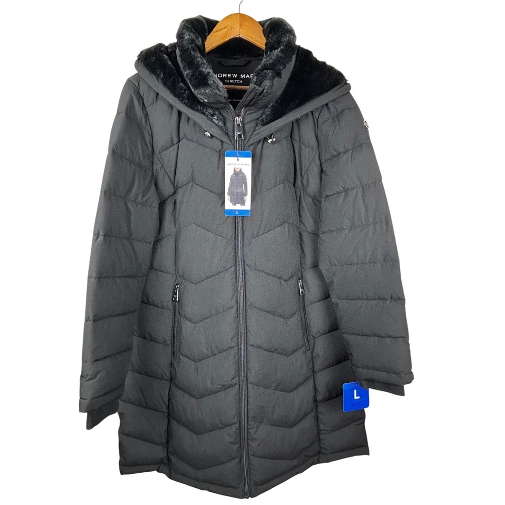 Andrew Marc Women Black Quilted Long Stretch Walker Coat Jacket Hooded Large NWT